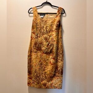 Donna Morgan Linen Blend Unique Tropical Print Shift Dress, Sz 8, Tan + Print.